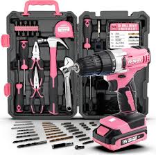 Hi-Spec 81-delars Rosa Verktygssats med 18V Borr