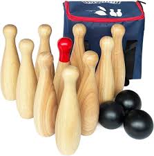 Träklotspel Set - Utomhusbowling med 10 Käglor och 3 Bollar i Bärväska