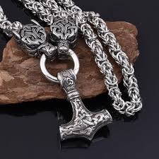 Norse Mythology Viking Mjolnir Halsband - Varghuvud och Tors Hammer